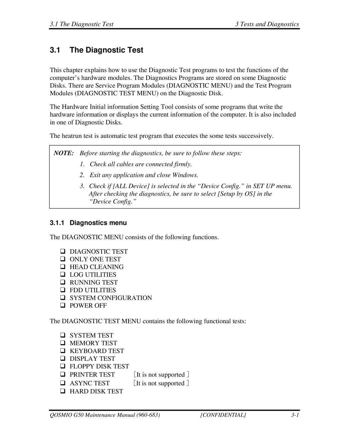 Toshiba G50 manual Diagnostic Test Tests and Diagnostics, Diagnostics menu 