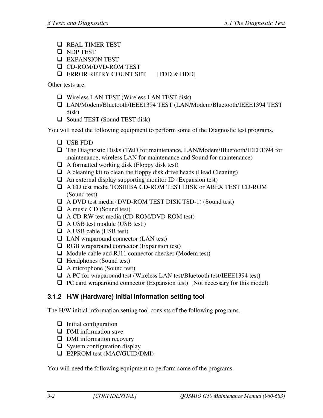 Toshiba G50 manual Tests and Diagnostics Diagnostic Test, 2 H/W Hardware initial information setting tool 