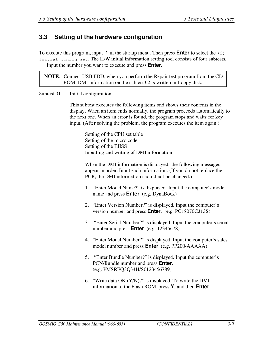 Toshiba G50 manual Setting of the hardware configuration Tests and Diagnostics 