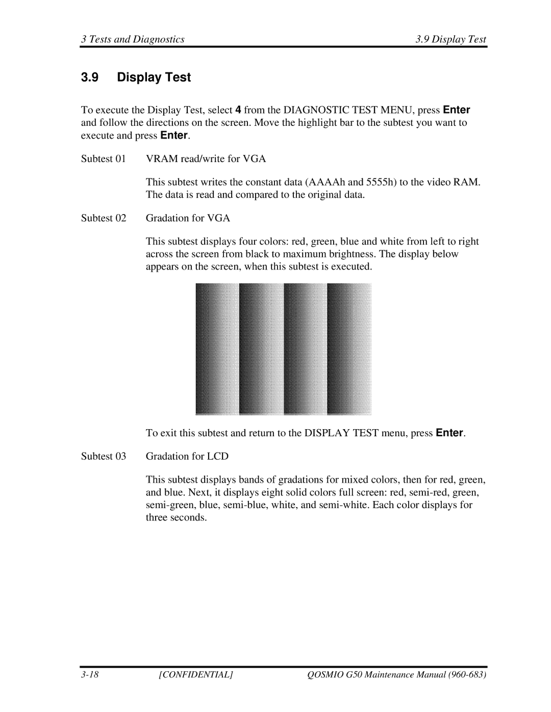 Toshiba G50 manual Tests and Diagnostics Display Test 