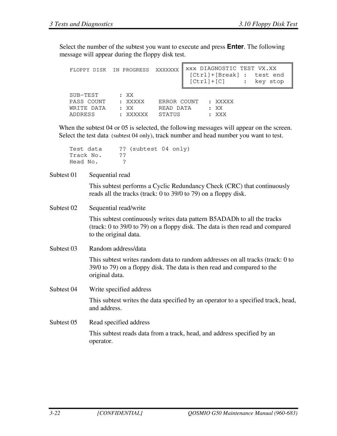 Toshiba G50 manual Tests and Diagnostics Floppy Disk Test 