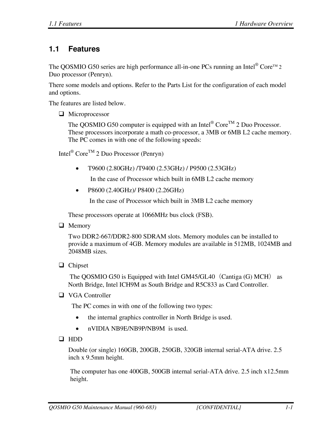 Toshiba G50 manual Features Hardware Overview 