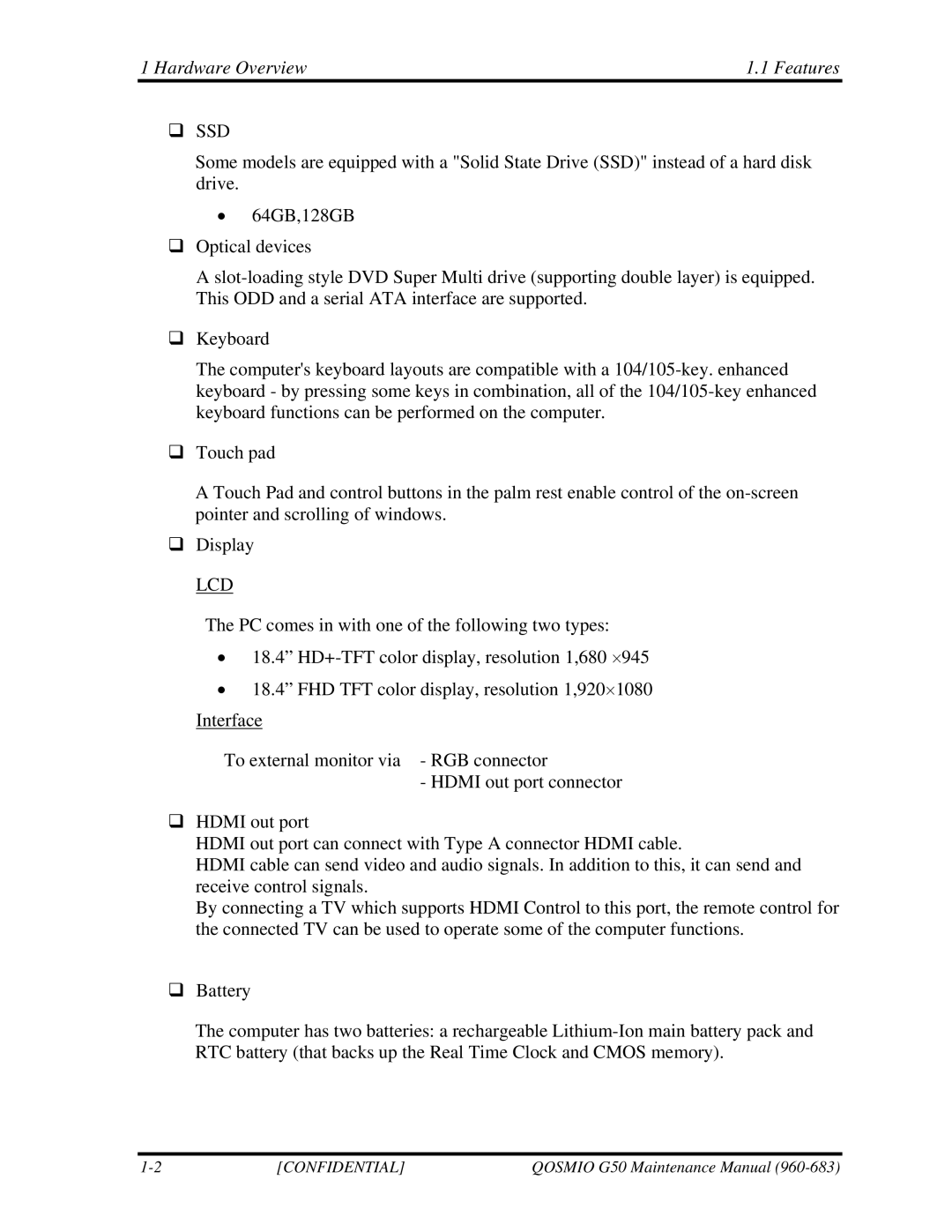 Toshiba G50 manual Hardware Overview Features, ‰ Ssd 