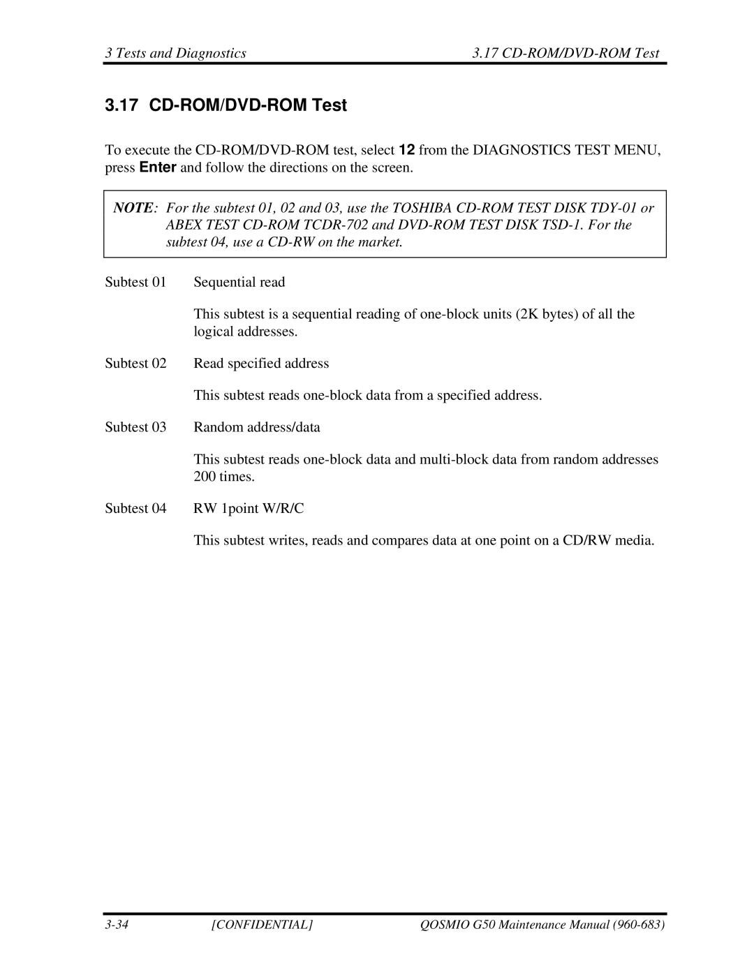 Toshiba G50 manual Tests and Diagnostics CD-ROM/DVD-ROM Test 