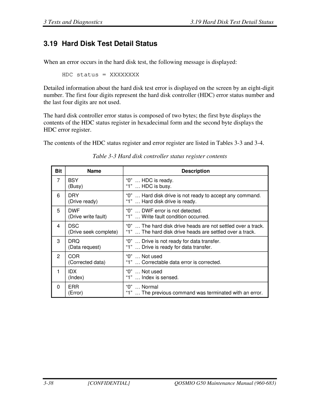 Toshiba G50 manual Tests and Diagnostics Hard Disk Test Detail Status, Hard disk controller status register contents 