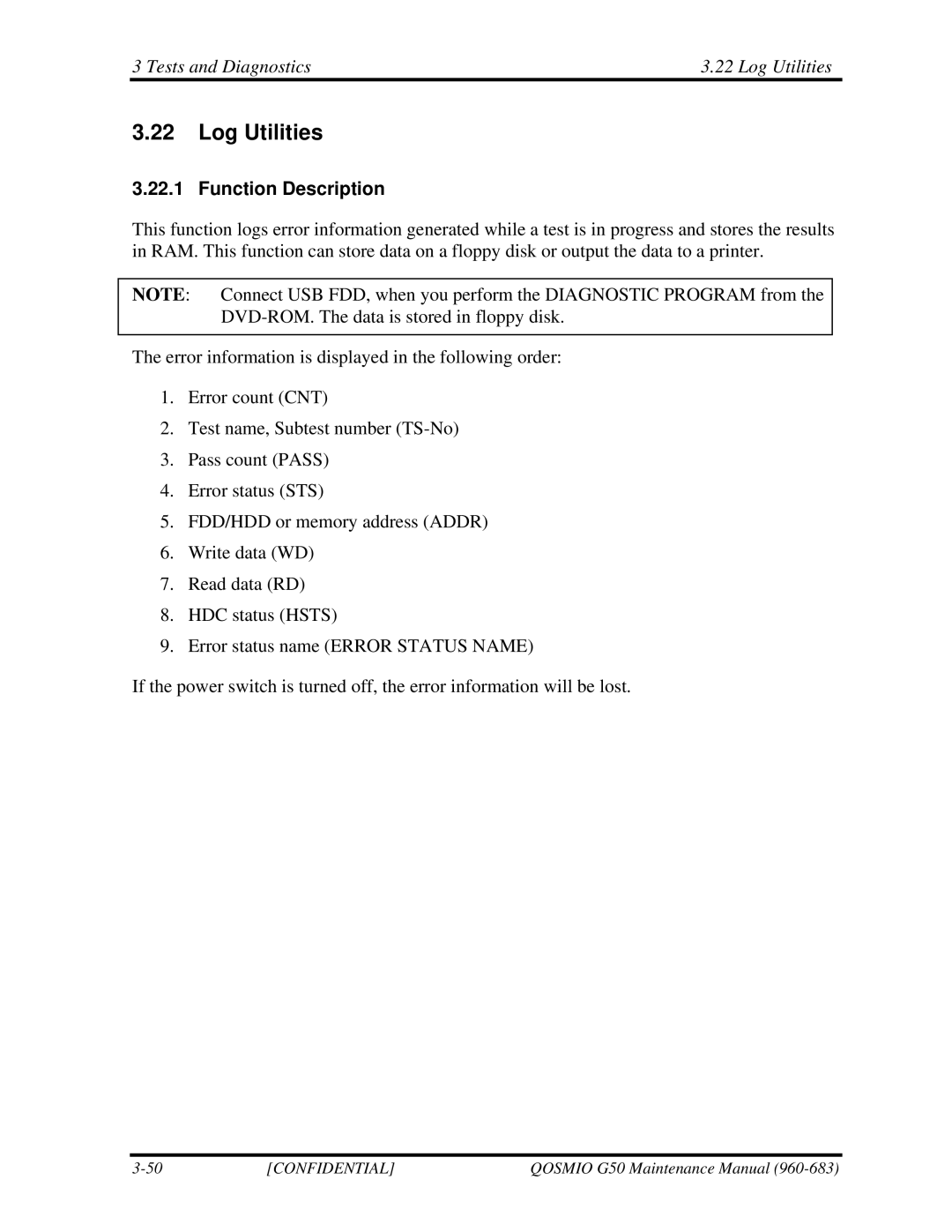 Toshiba G50 manual Tests and Diagnostics Log Utilities 