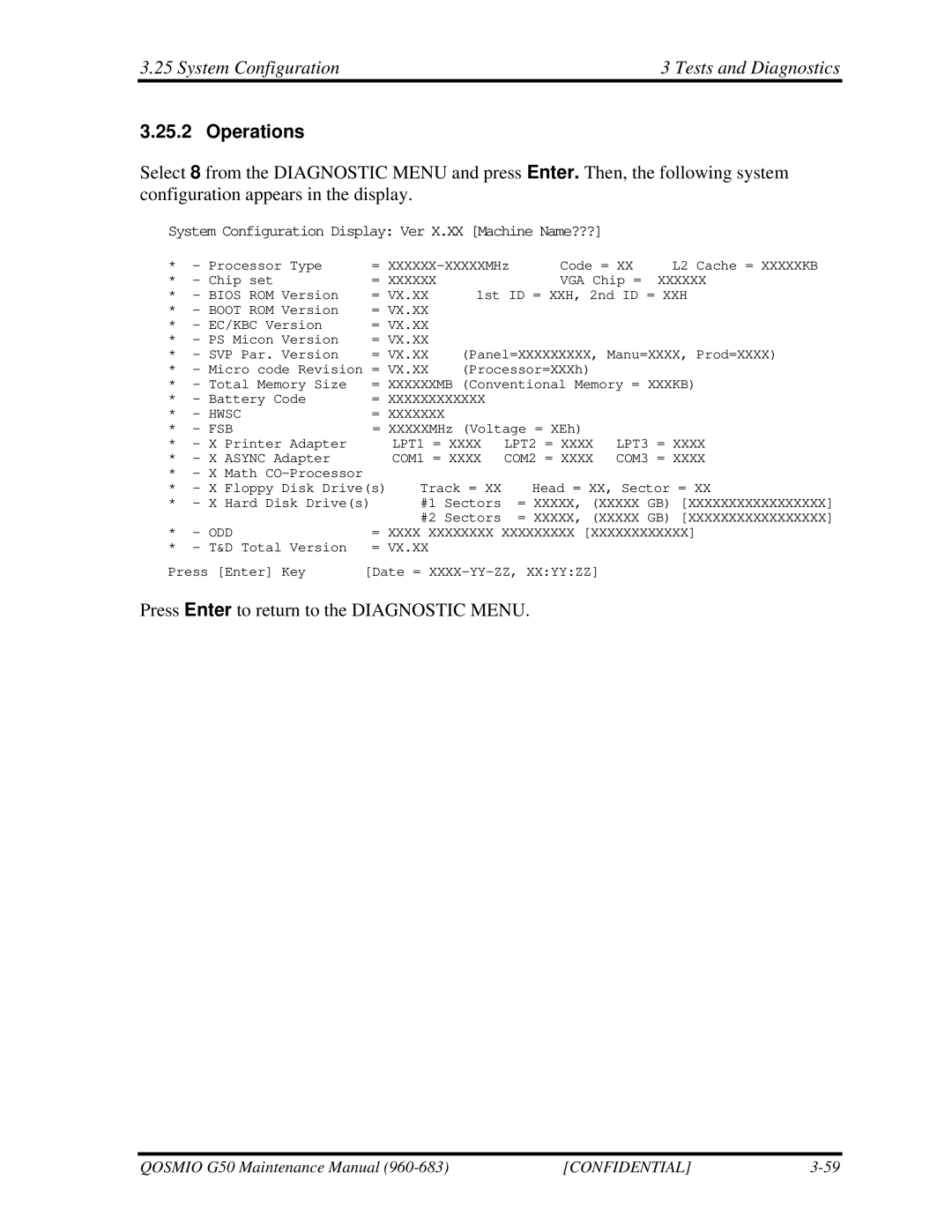 Toshiba G50 manual System Configuration Tests and Diagnostics, System Configuration Display Ver X.XX Machine Name??? 