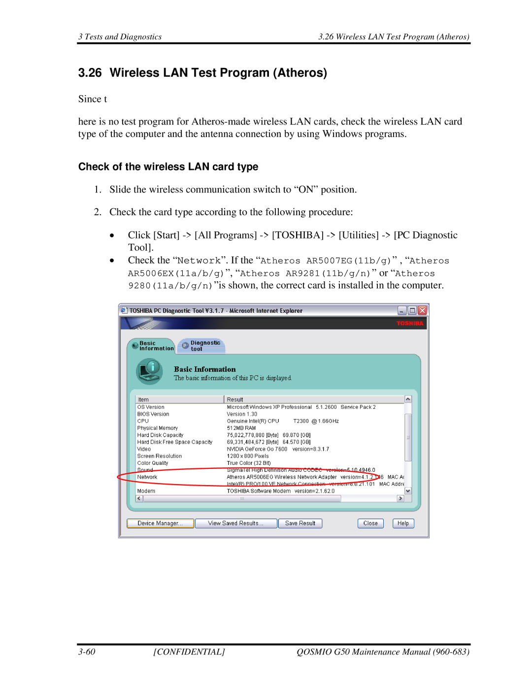 Toshiba G50 manual Wireless LAN Test Program Atheros, Check of the wireless LAN card type 