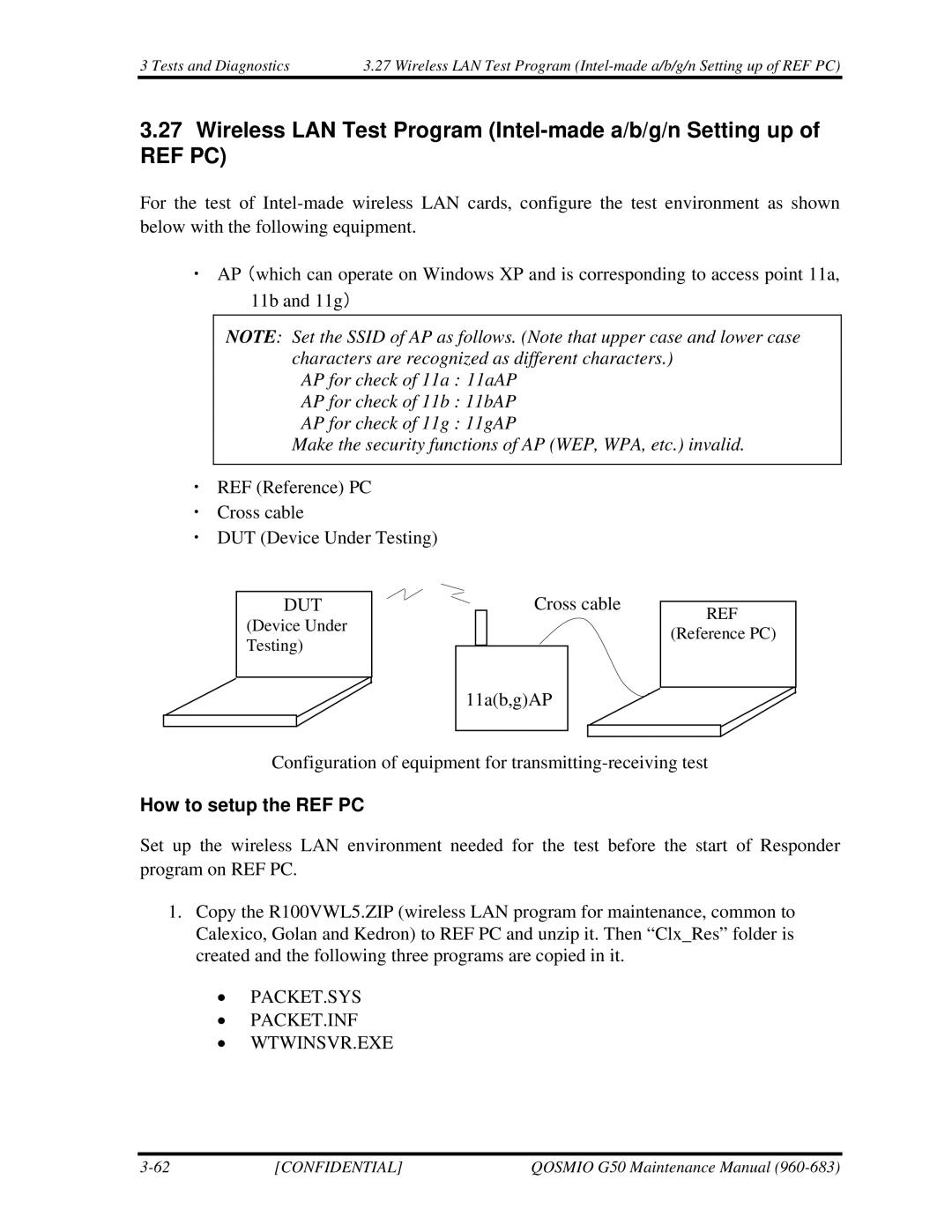 Toshiba G50 manual Wireless LAN Test Program Intel-made a/b/g/n Setting up, How to setup the REF PC 