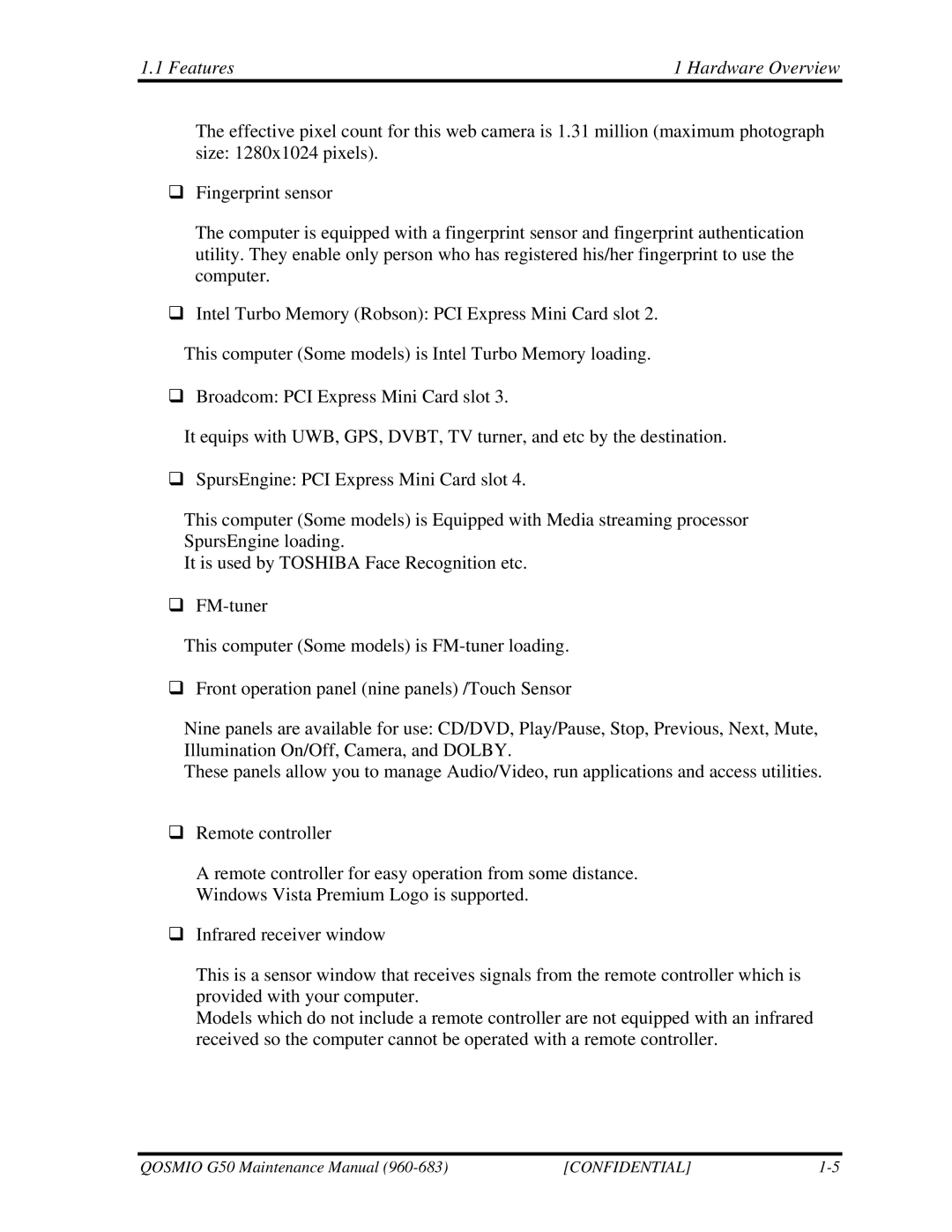 Toshiba G50 manual Features Hardware Overview 