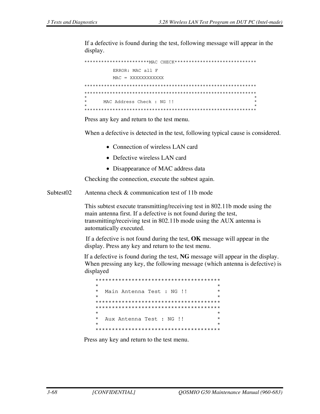 Toshiba G50 manual Main Antenna Test NG Aux Antenna Test NG 