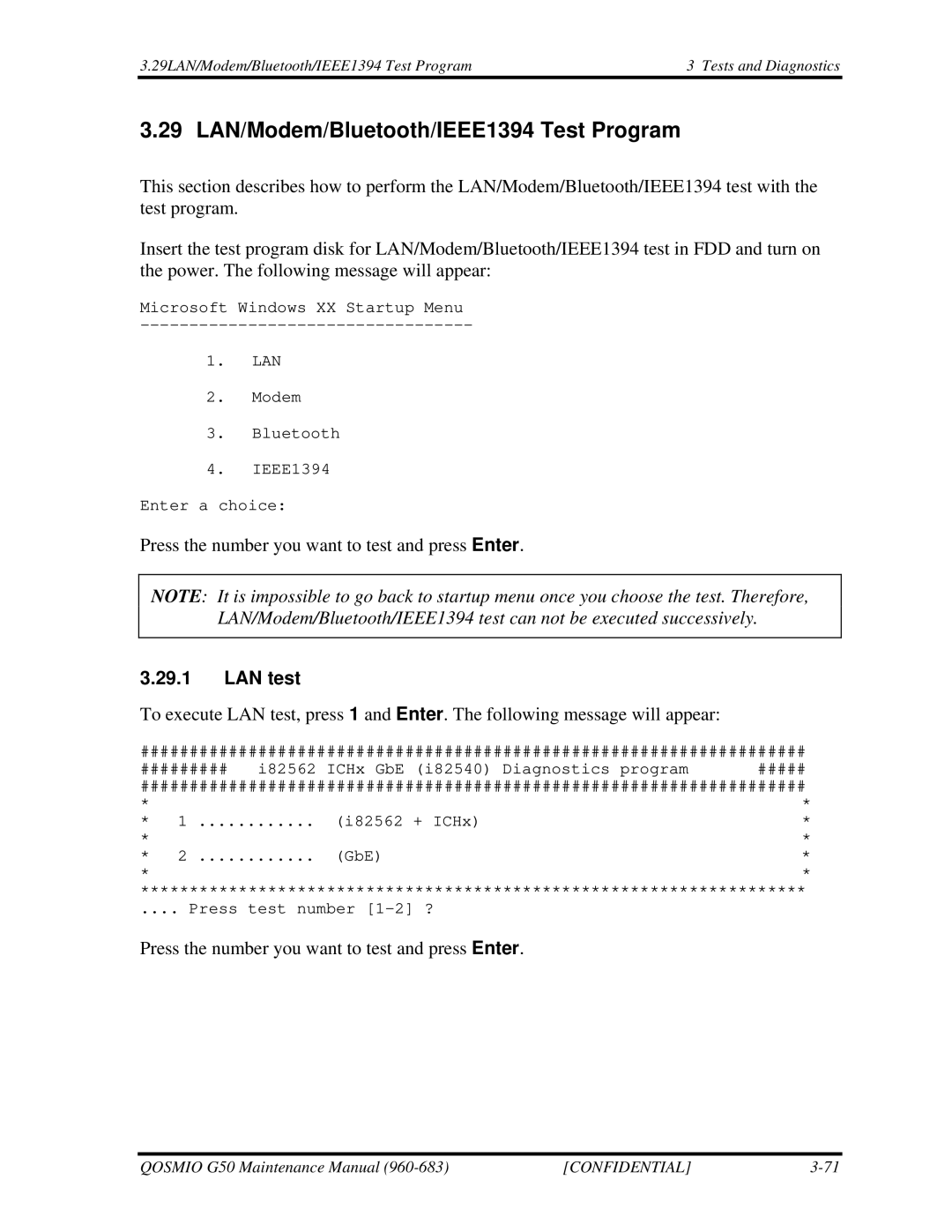 Toshiba G50 manual 29 LAN/Modem/Bluetooth/IEEE1394 Test Program, LAN test 