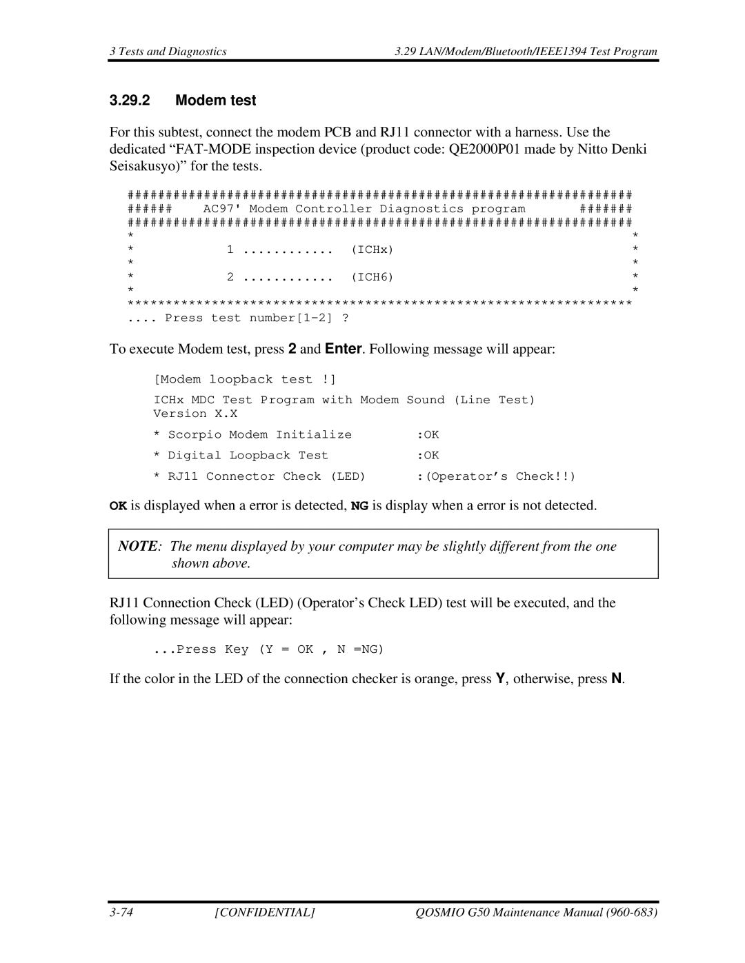 Toshiba G50 manual Modem test, Modem loopback test 