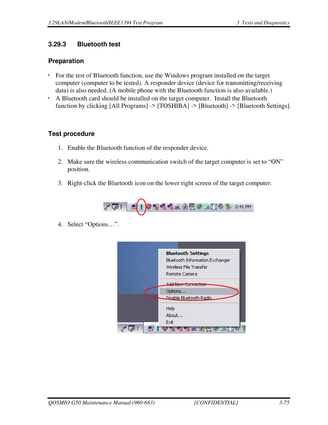 Toshiba G50 manual Bluetooth test Preparation, Test procedure 