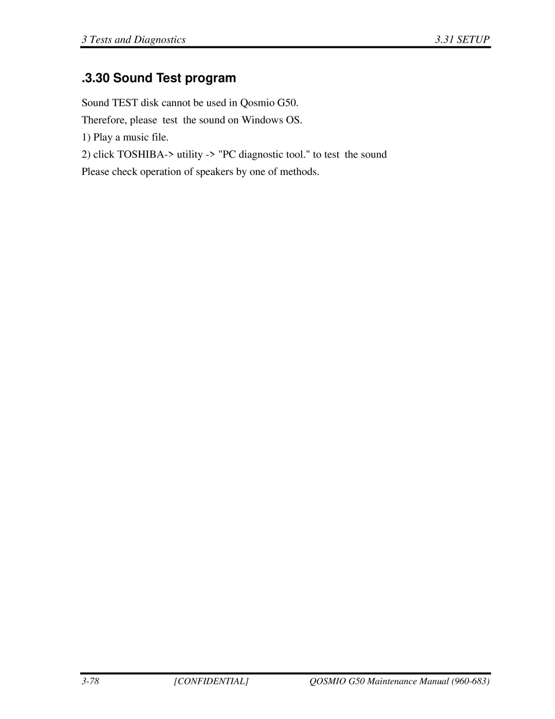 Toshiba G50 manual Sound Test program, Tests and Diagnostics Setup 