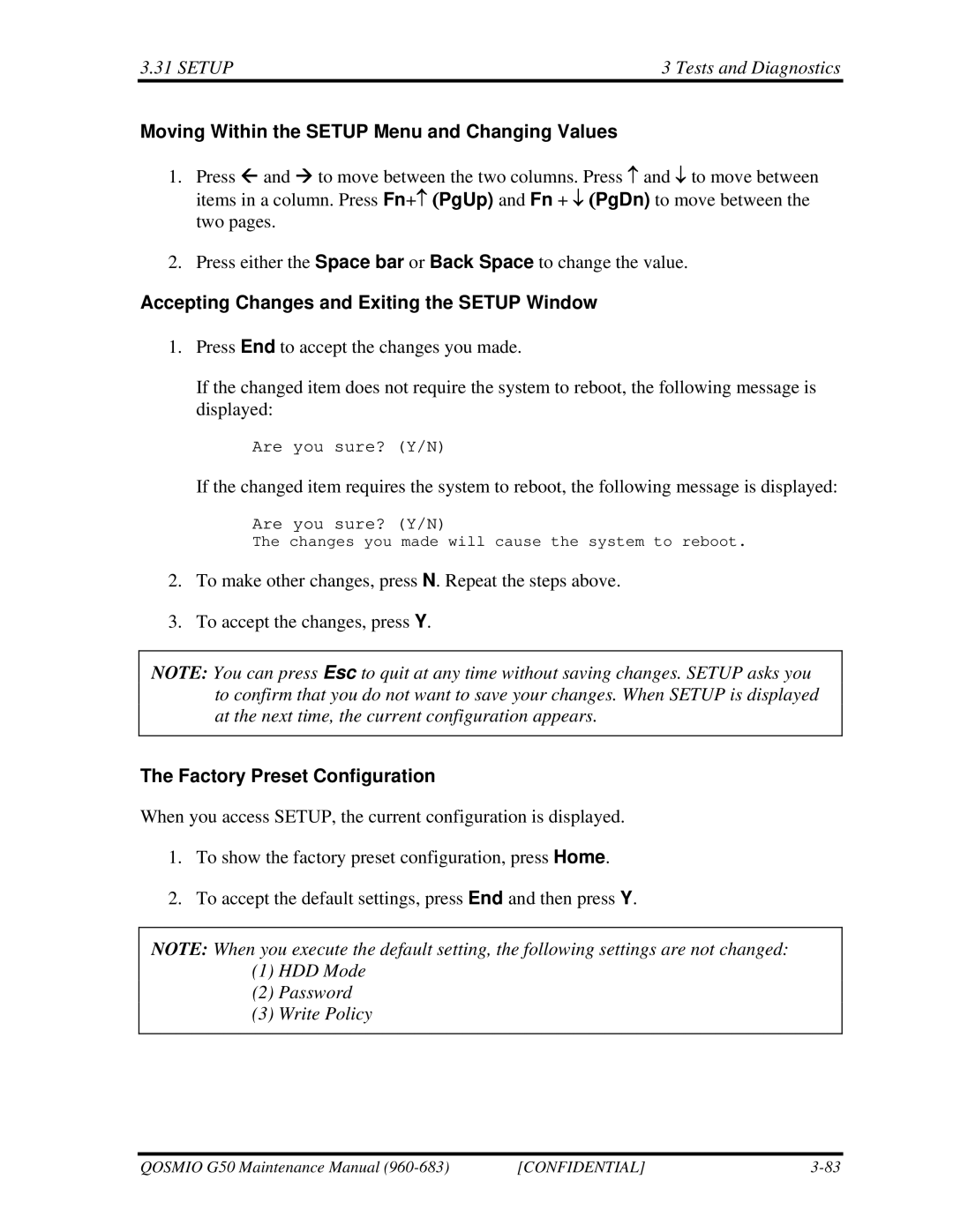 Toshiba G50 manual Moving Within the Setup Menu and Changing Values, Accepting Changes and Exiting the Setup Window 