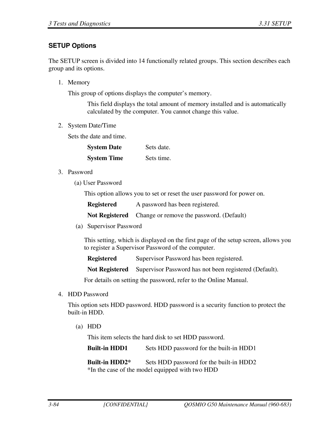 Toshiba G50 manual Setup Options, System Date Sets date System Time Sets time 