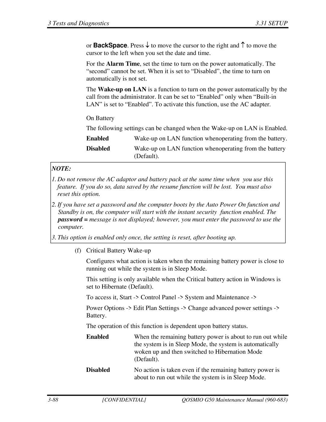 Toshiba G50 manual Wake-up on LAN function whenoperating from the battery 