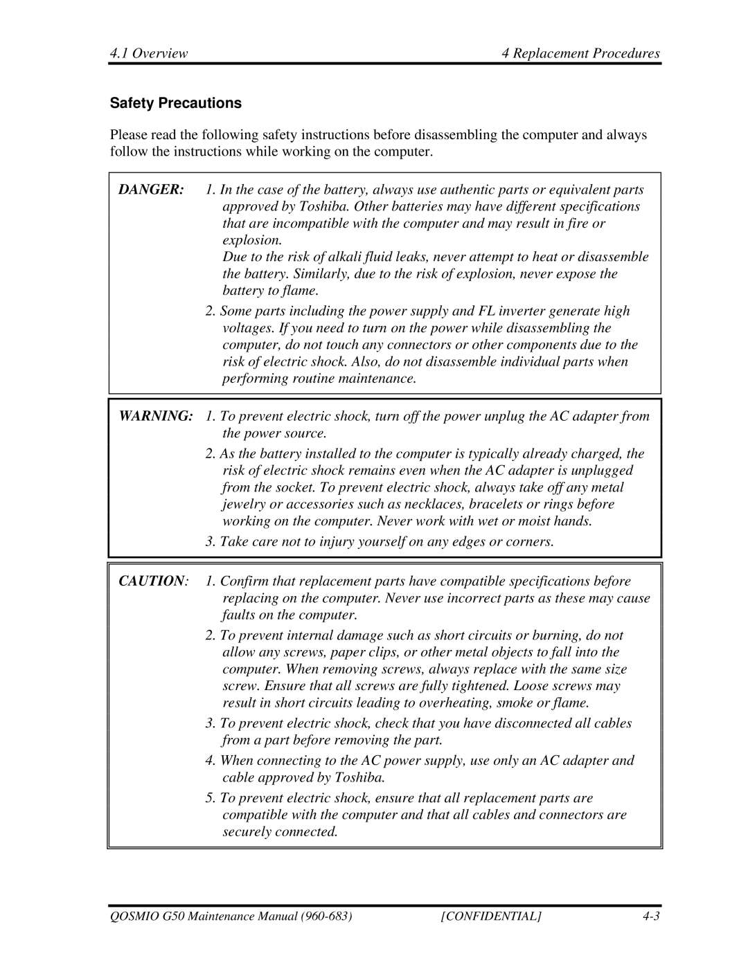 Toshiba G50 manual Safety Precautions 