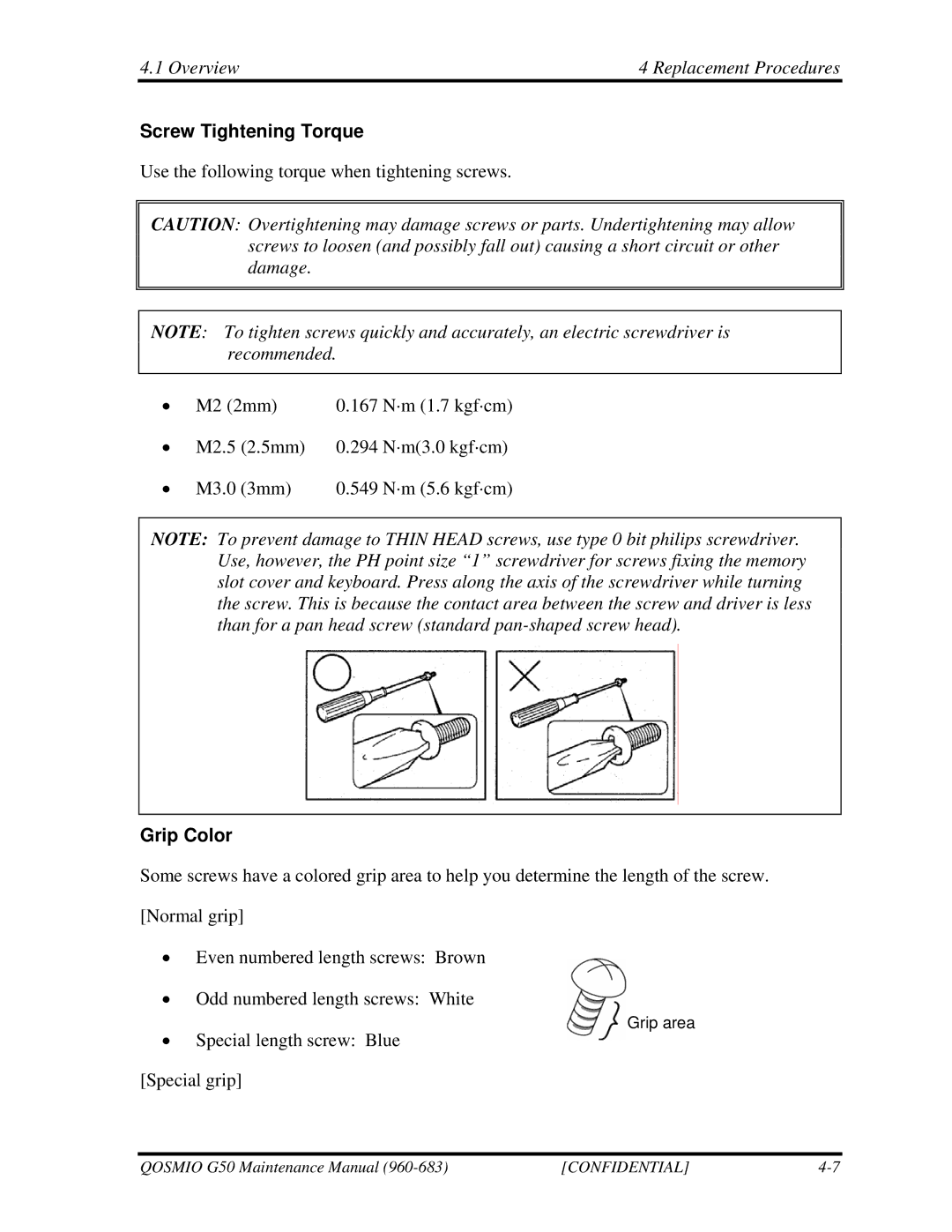 Toshiba G50 manual Screw Tightening Torque, Grip Color 