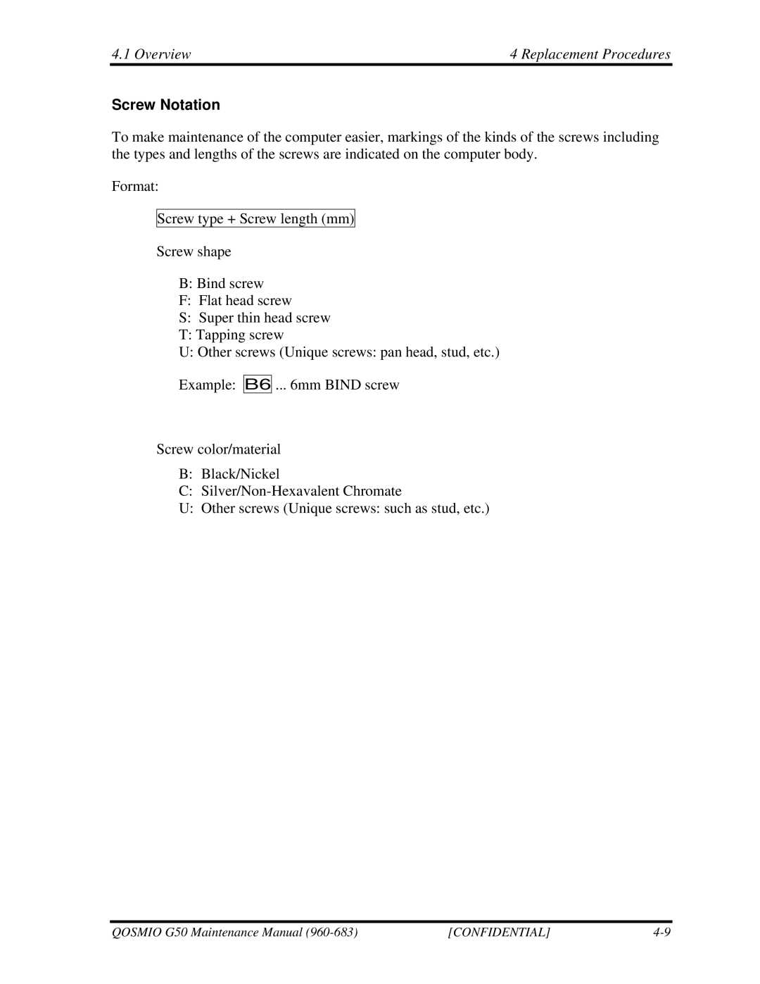 Toshiba G50 manual Screw Notation 