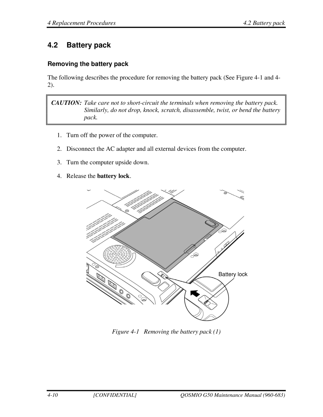 Toshiba G50 manual Replacement Procedures Battery pack, Removing the battery pack 