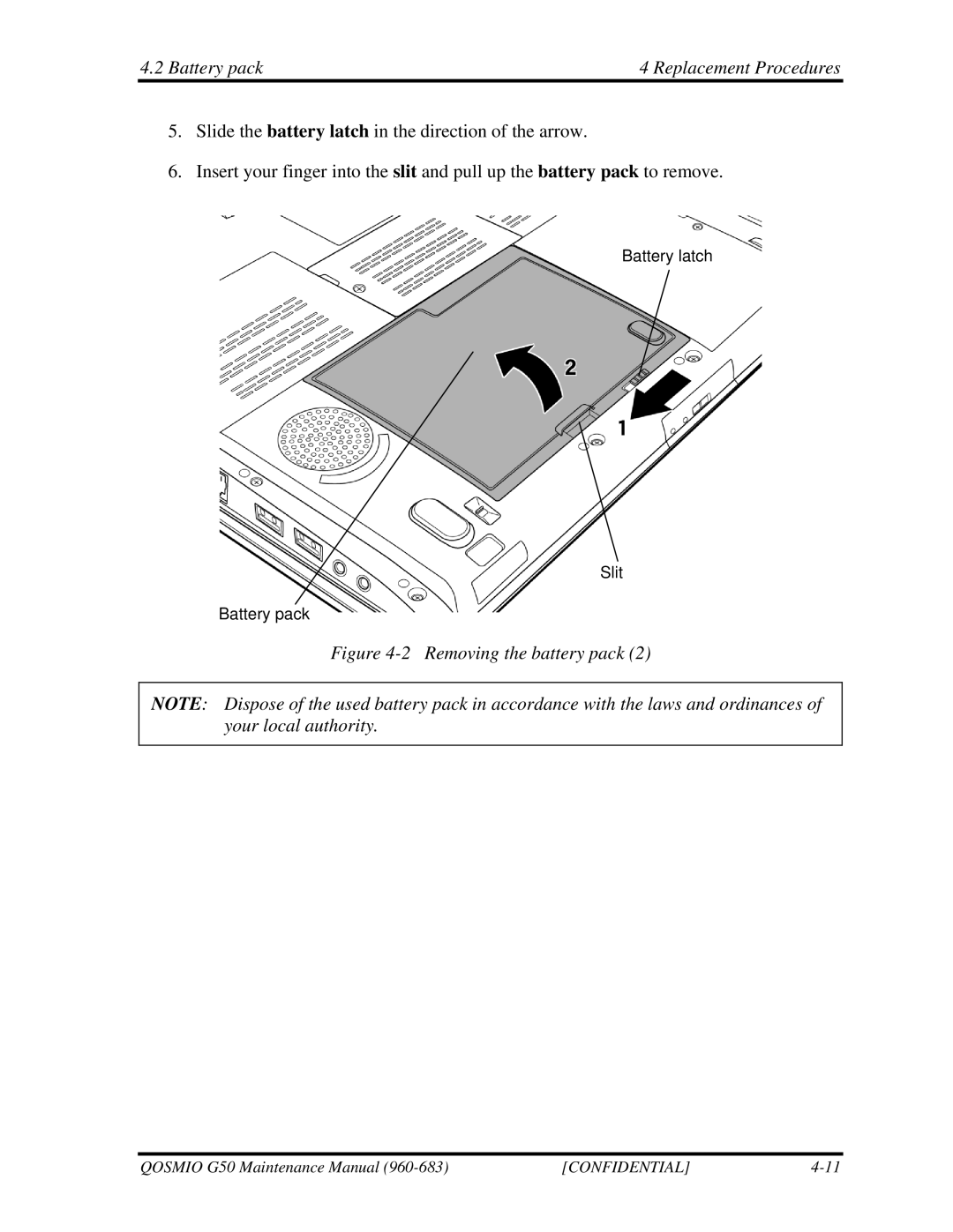 Toshiba G50 manual Battery pack Replacement Procedures 