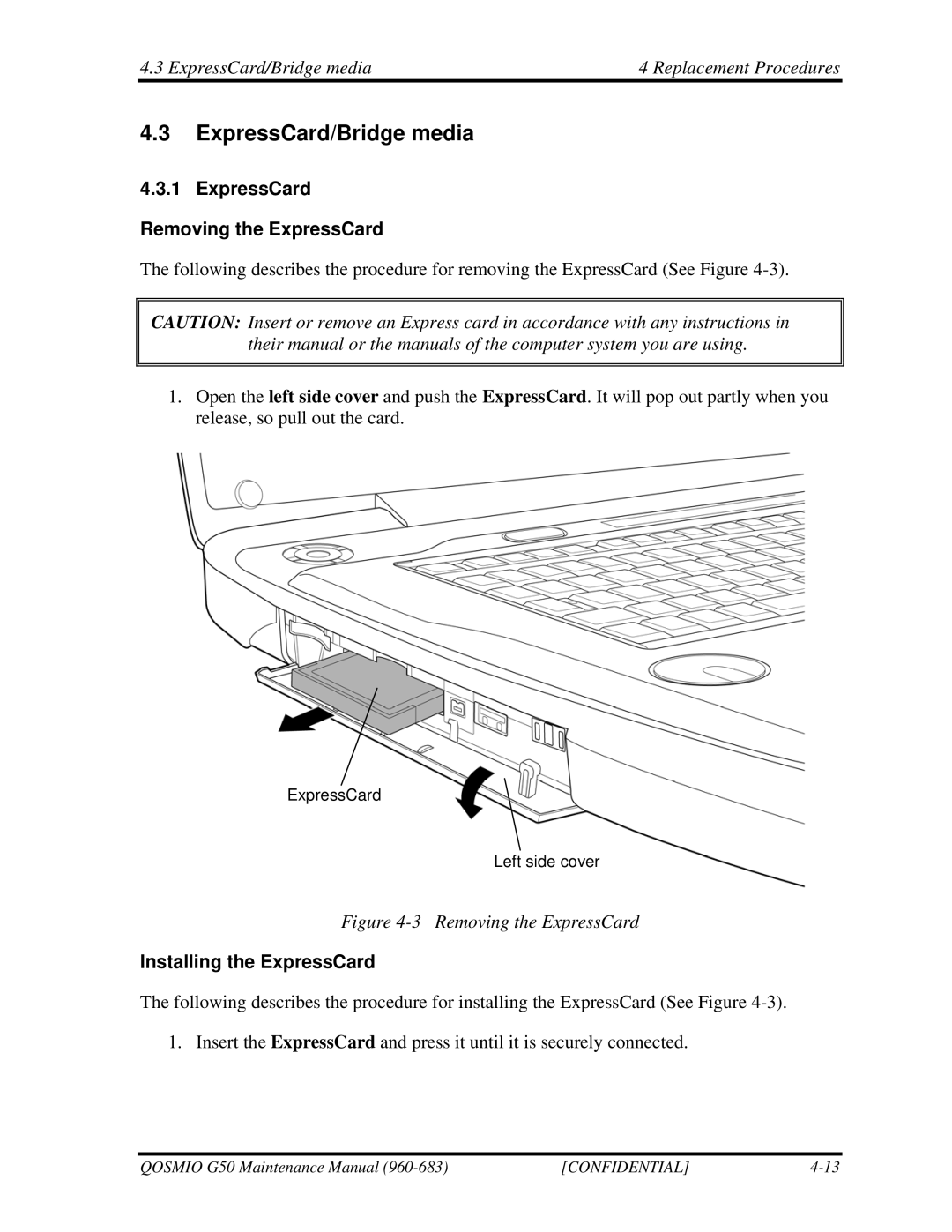 Toshiba G50 manual ExpressCard/Bridge media Replacement Procedures, ExpressCard Removing the ExpressCard 