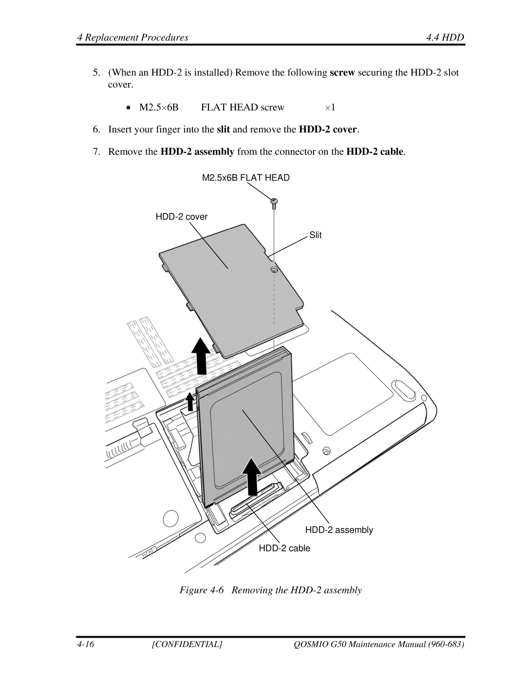 Toshiba G50 manual Replacement Procedures HDD, Removing the HDD-2 assembly 