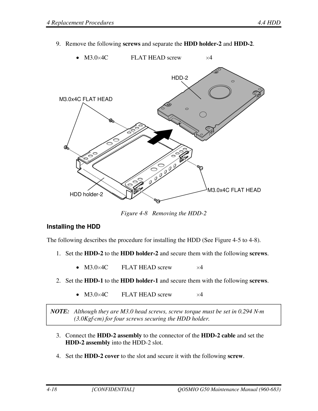 Toshiba G50 manual Removing the HDD-2, Installing the HDD 