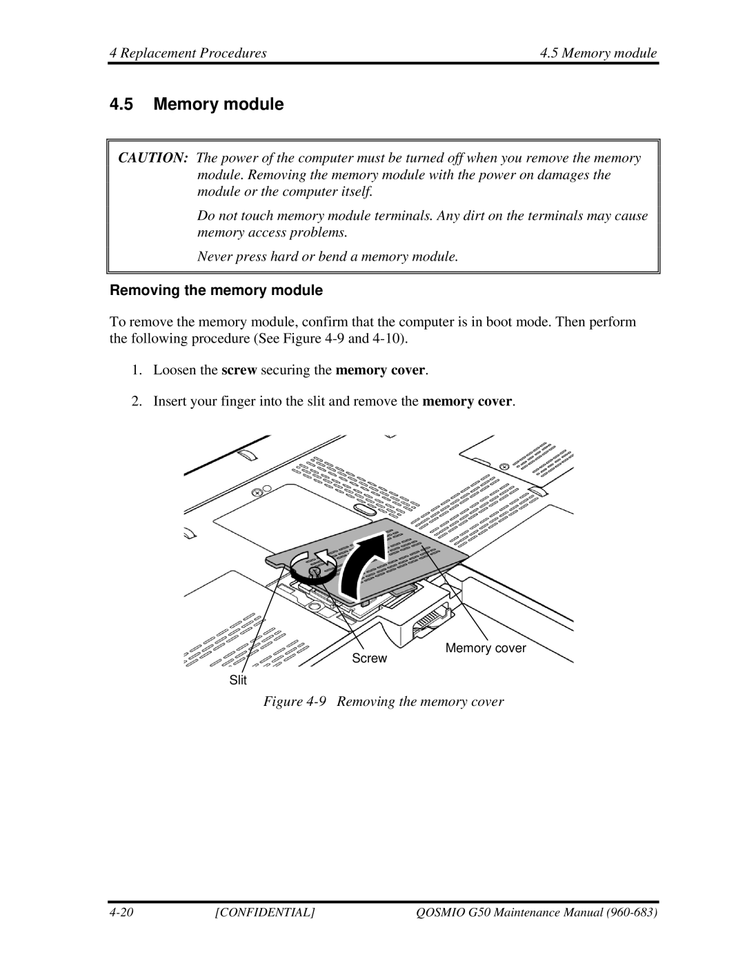 Toshiba G50 manual Replacement Procedures Memory module, Removing the memory module 