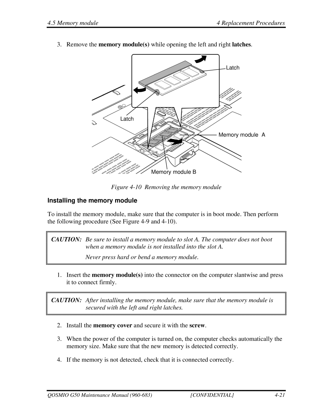 Toshiba G50 manual Memory module Replacement Procedures, Installing the memory module 