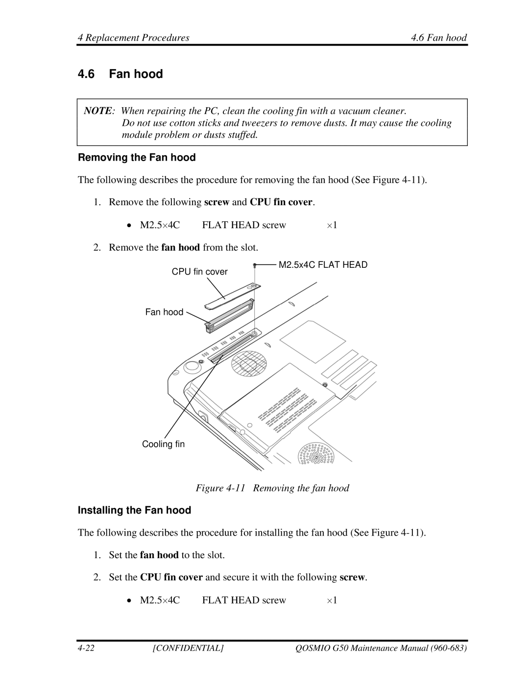 Toshiba G50 manual Replacement Procedures Fan hood, Removing the Fan hood, Installing the Fan hood 