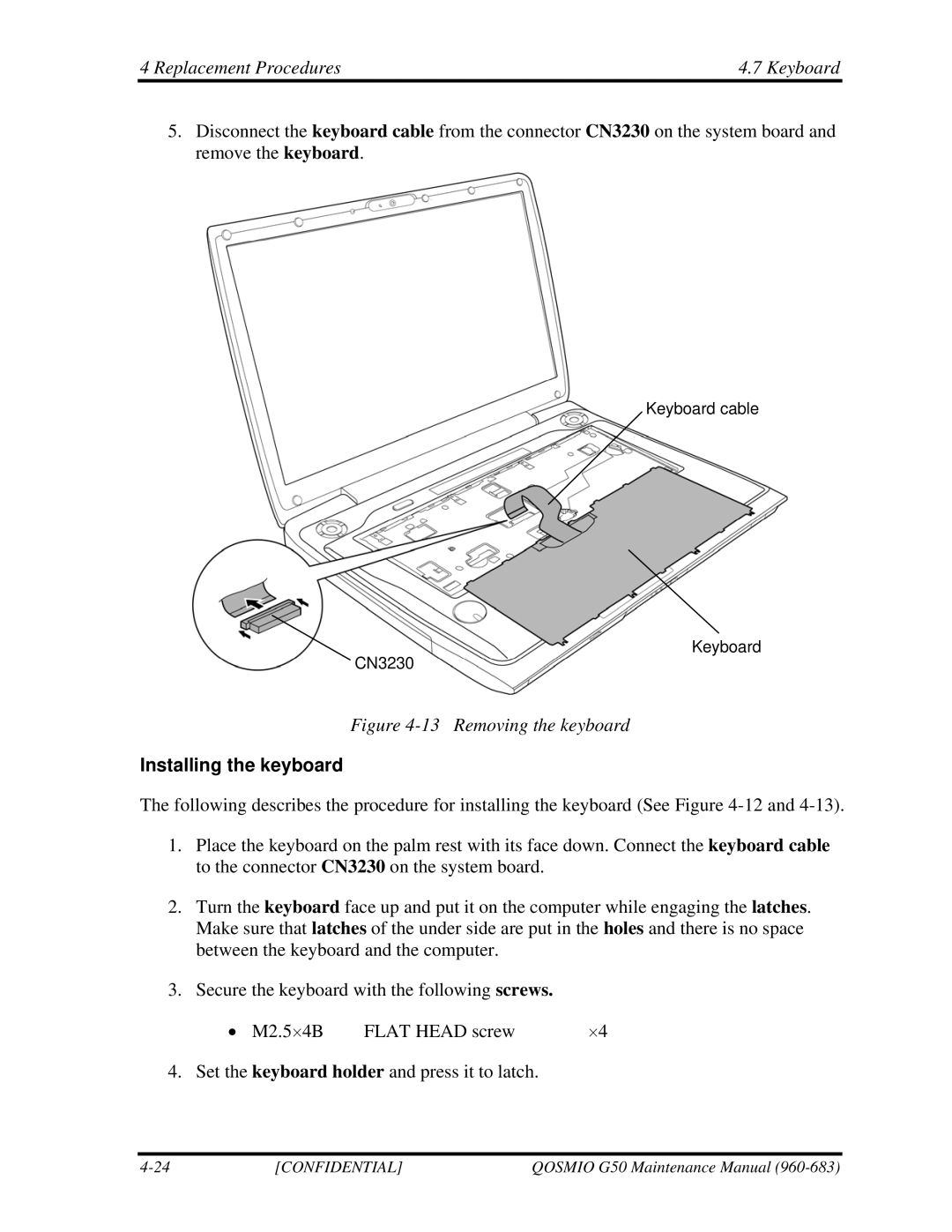 Toshiba G50 manual Replacement Procedures Keyboard, Installing the keyboard 