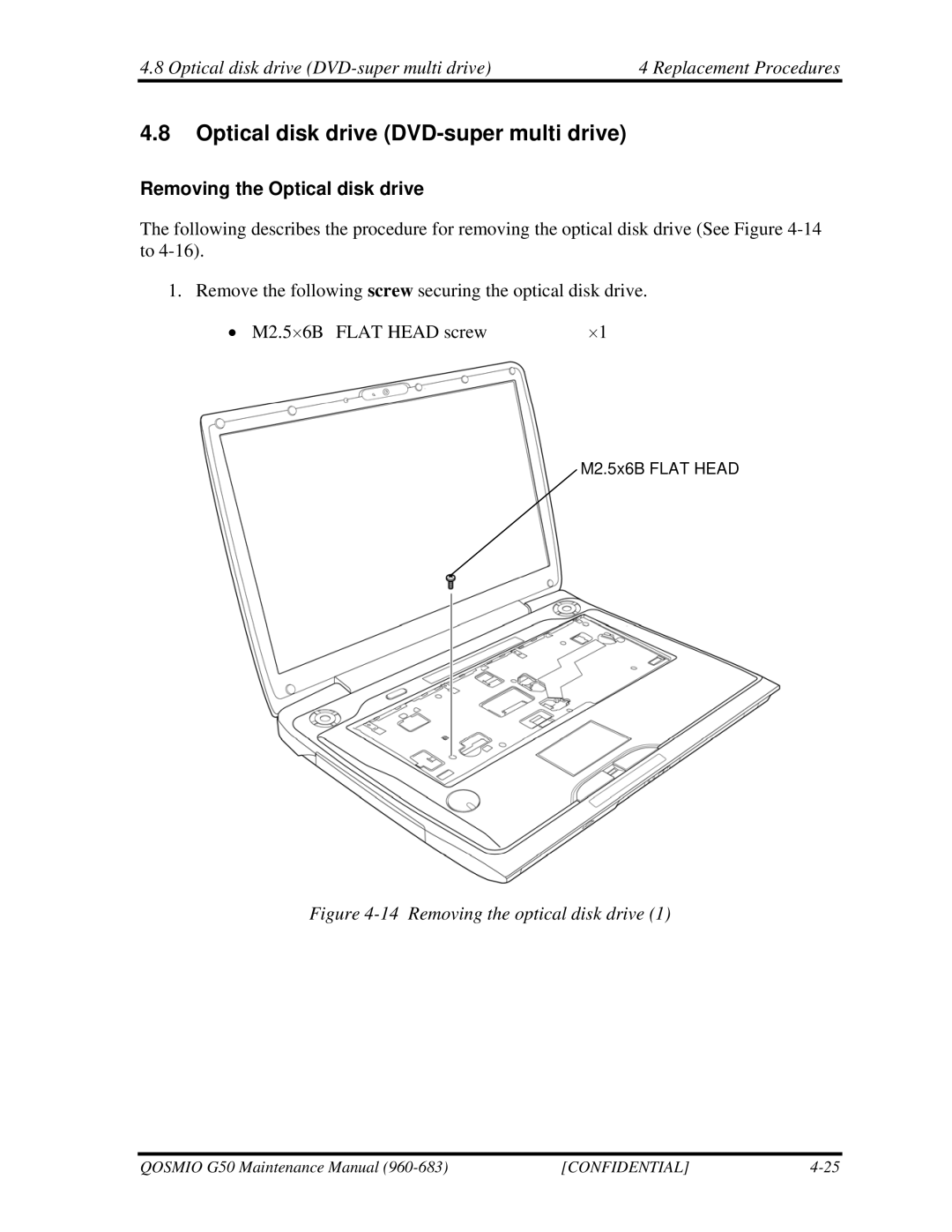 Toshiba G50 manual Optical disk drive DVD-super multi drive, Removing the Optical disk drive 