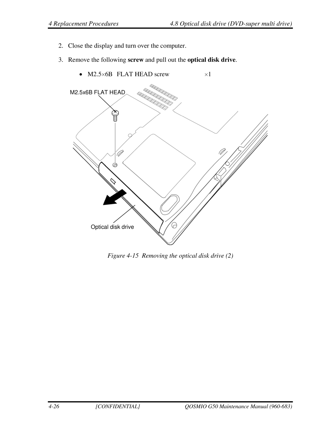 Toshiba G50 manual Removing the optical disk drive 