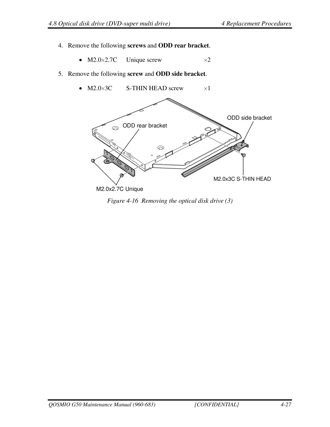 Toshiba G50 manual Removing the optical disk drive 