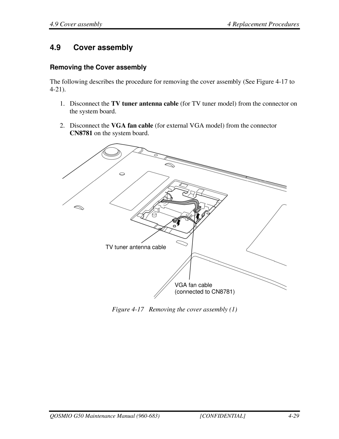 Toshiba G50 manual Cover assembly Replacement Procedures, Removing the Cover assembly 