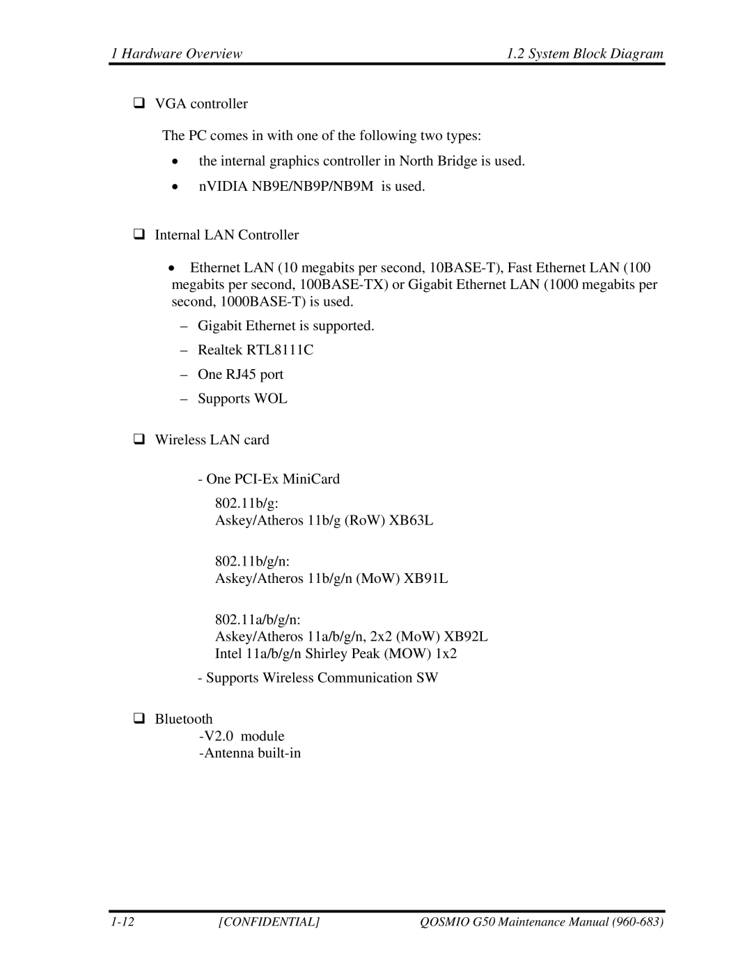 Toshiba G50 manual Hardware Overview System Block Diagram 