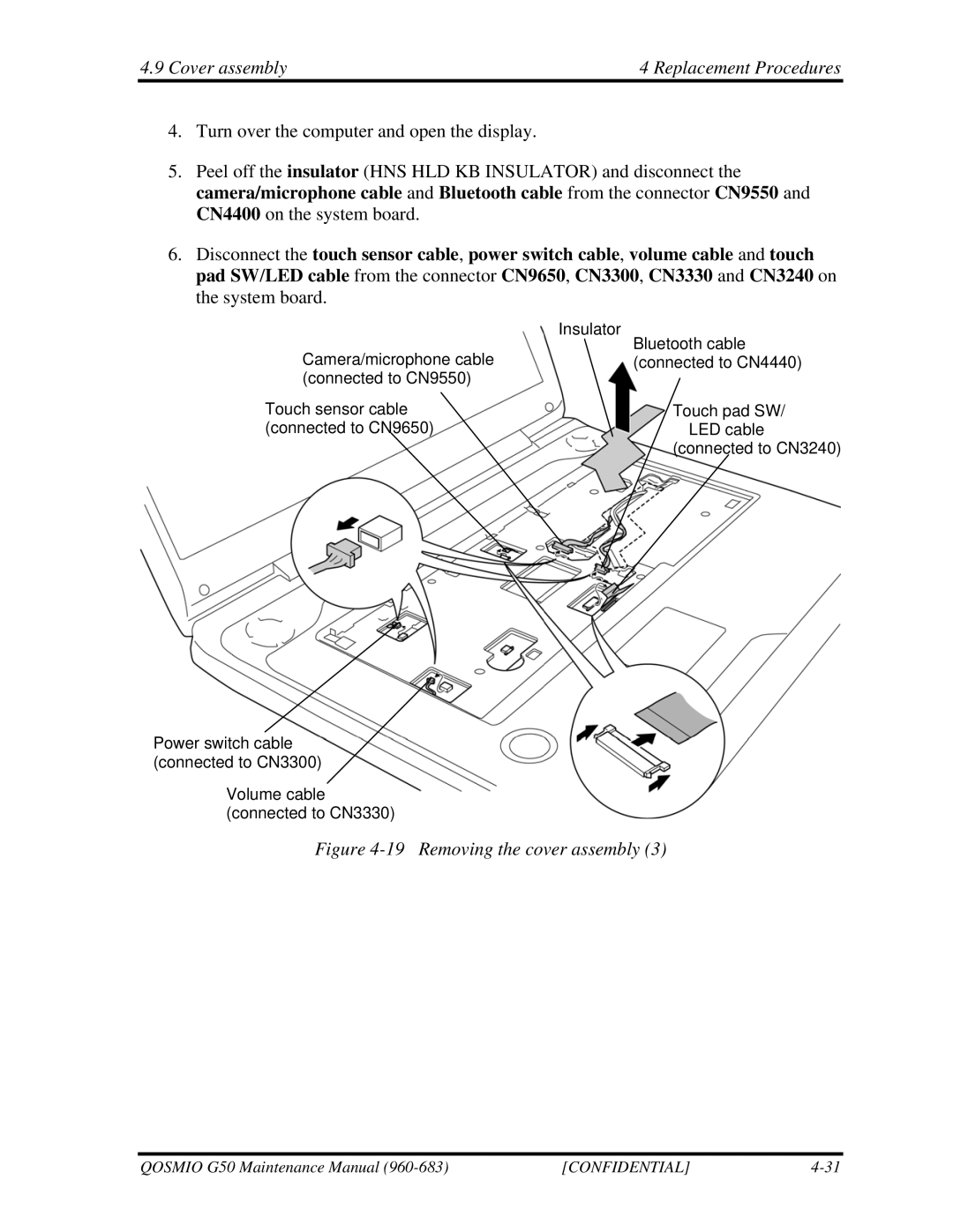 Toshiba G50 manual Removing the cover assembly 