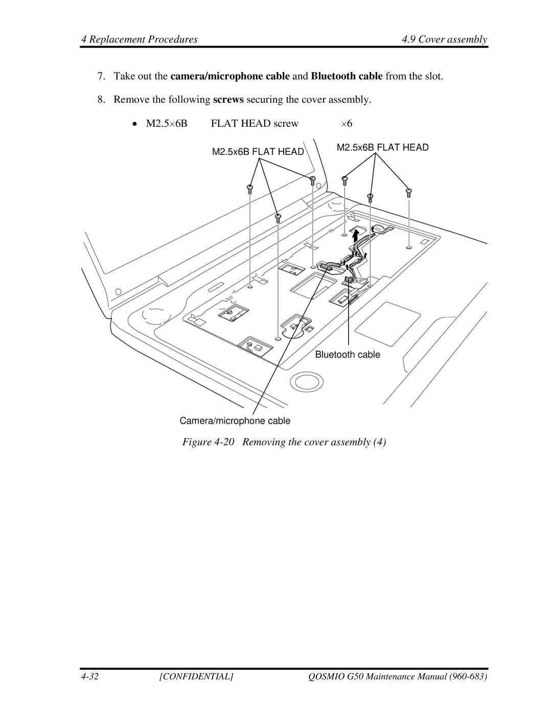 Toshiba G50 manual Replacement Procedures Cover assembly, Removing the cover assembly 