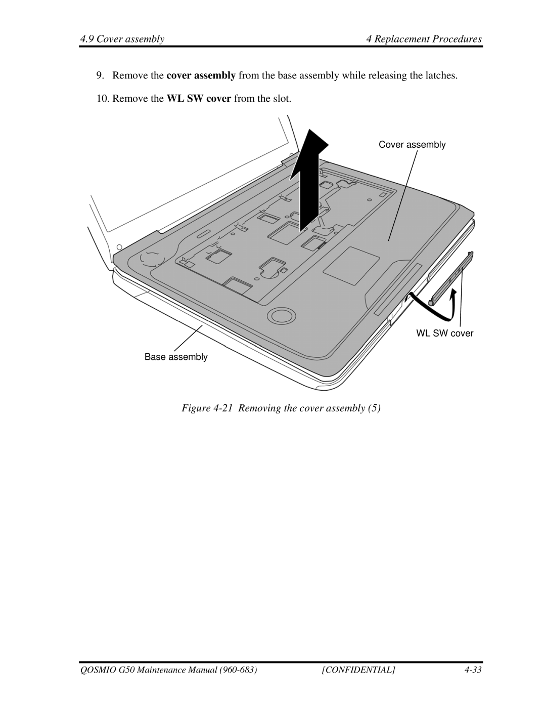 Toshiba G50 manual Removing the cover assembly 