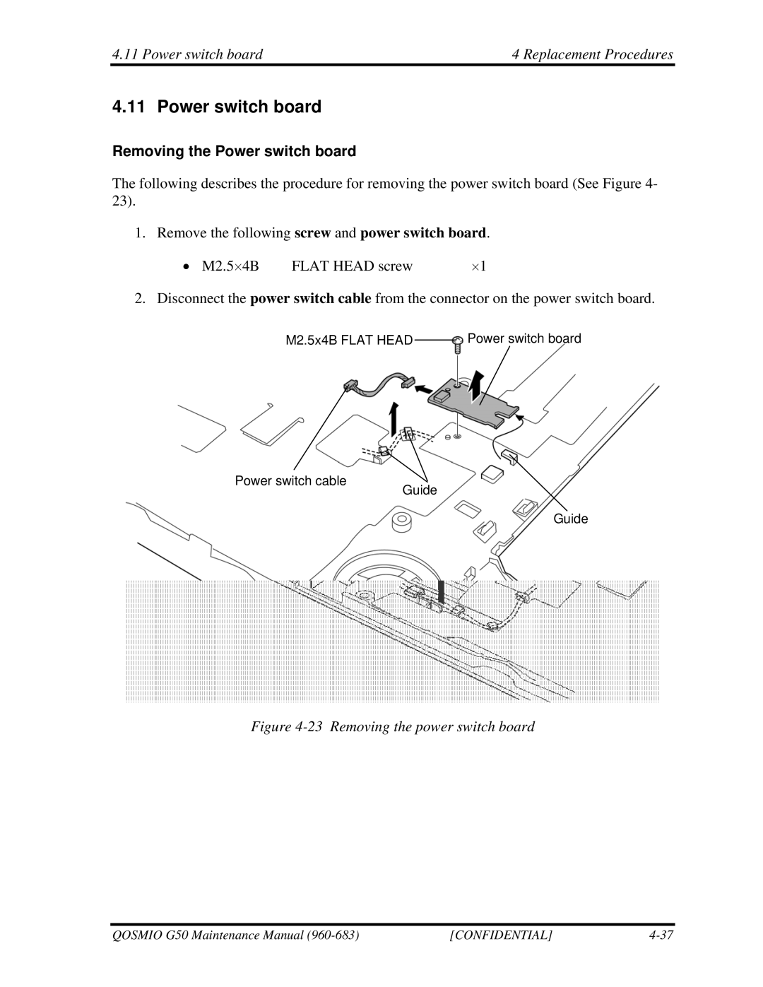 Toshiba G50 manual Power switch board Replacement Procedures, Removing the Power switch board 