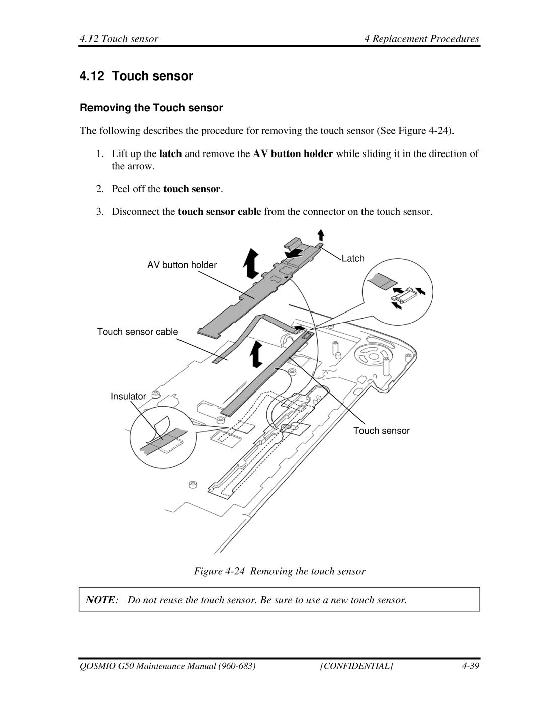 Toshiba G50 manual Touch sensor Replacement Procedures, Removing the Touch sensor 