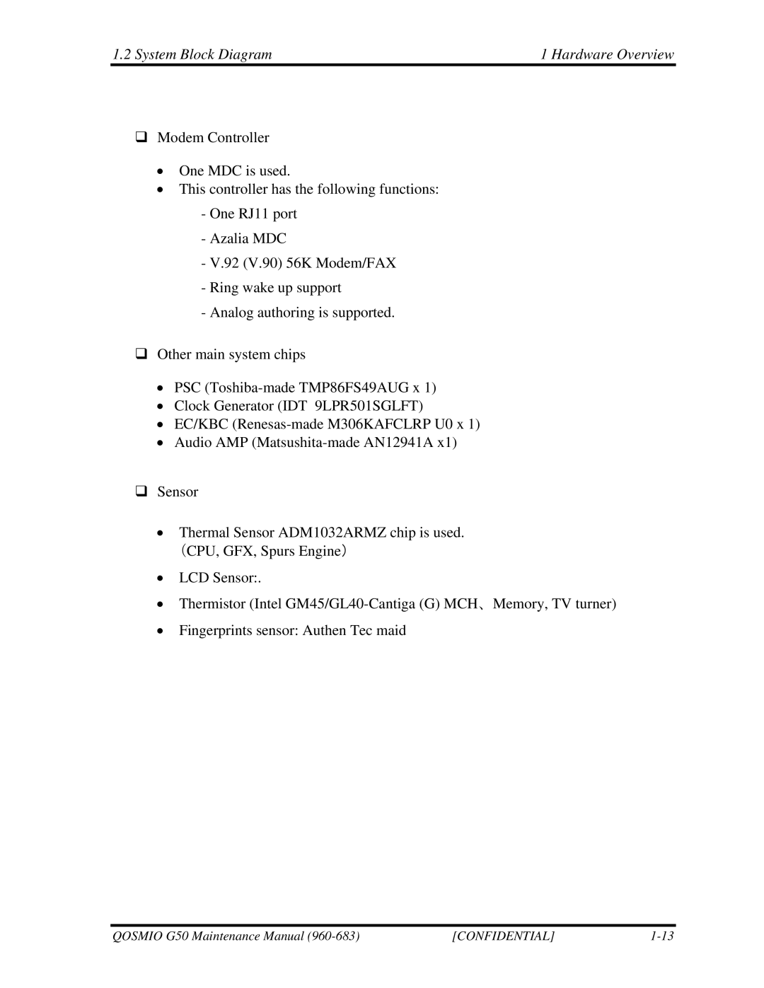 Toshiba G50 manual System Block Diagram Hardware Overview 