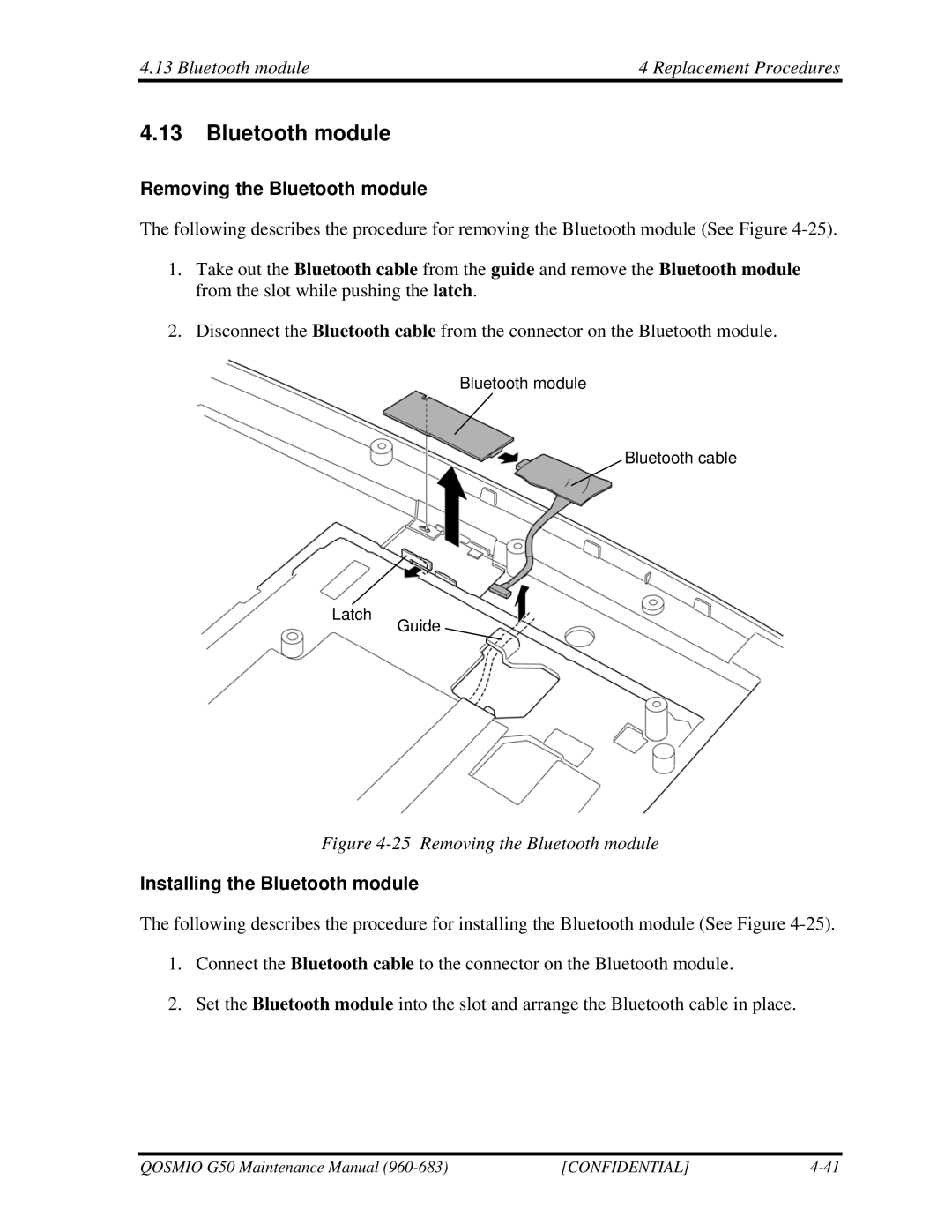 Toshiba G50 Bluetooth module Replacement Procedures, Removing the Bluetooth module, Installing the Bluetooth module 