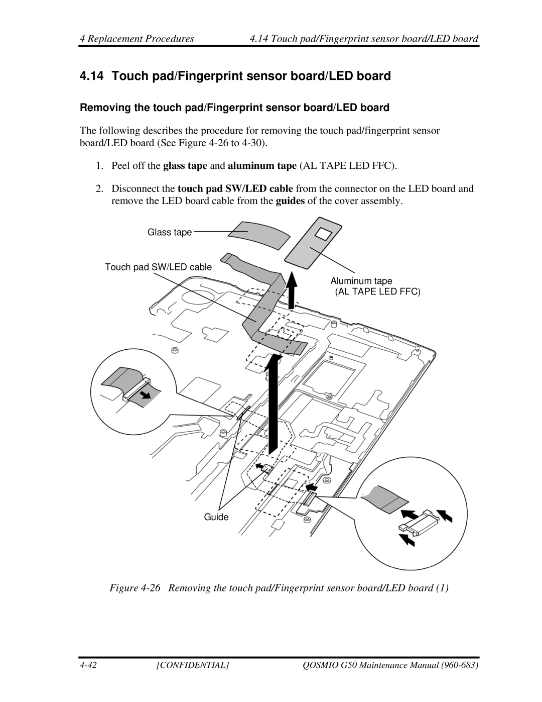 Toshiba G50 manual Touch pad/Fingerprint sensor board/LED board, Removing the touch pad/Fingerprint sensor board/LED board 