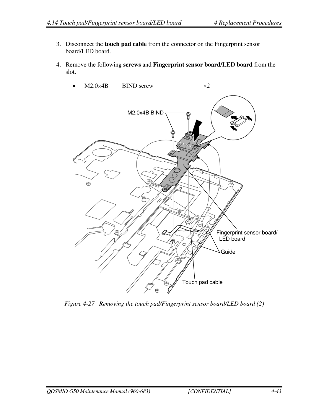 Toshiba G50 manual Removing the touch pad/Fingerprint sensor board/LED board 