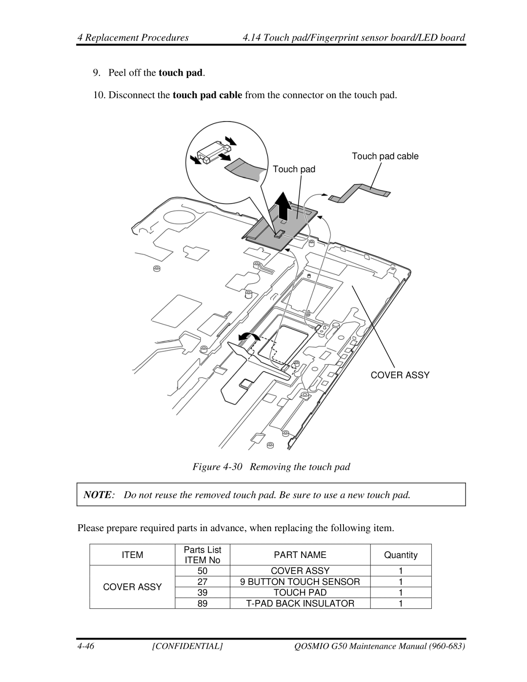 Toshiba G50 manual Removing the touch pad 