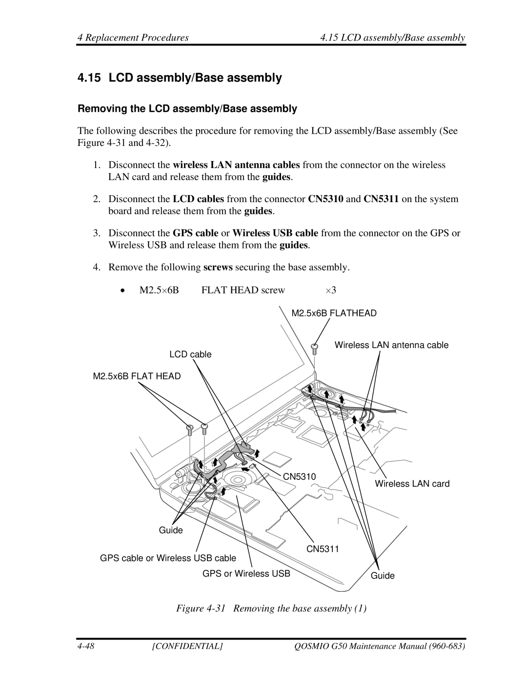 Toshiba G50 manual Replacement Procedures LCD assembly/Base assembly, Removing the LCD assembly/Base assembly 